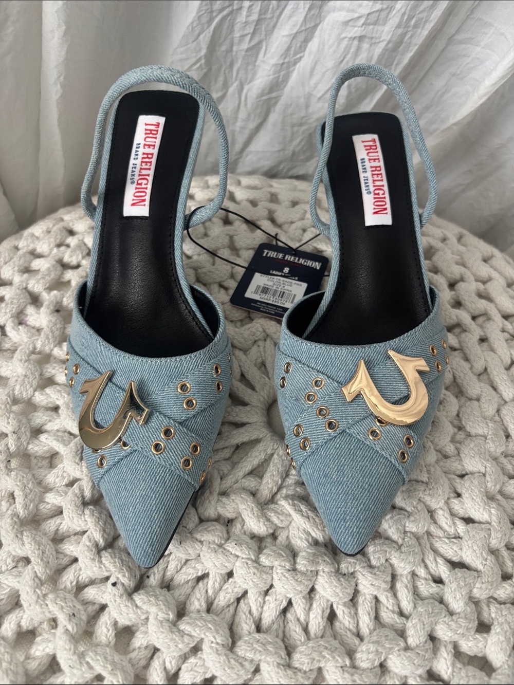 True Religion Light Blue Denim Pointed Slingback Mules with Gold Hardware - Picture 3 of 11